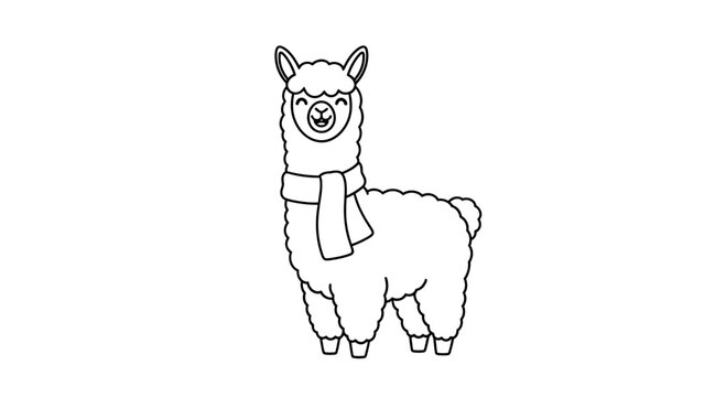 Cute llama wearing a scarf, line art illustration, white background