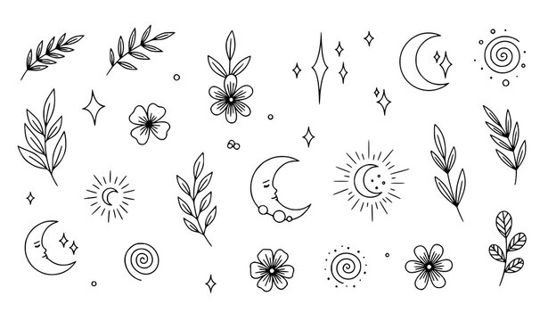 Hand drawn celestial botanical doodles vector magical elements set