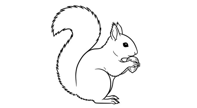 Line art illustration of a squirrel holding a nut, white background