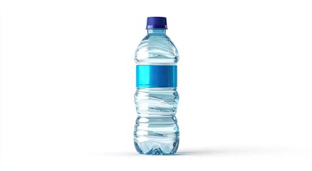 Fototapeta premium Clear plastic bottle of water with blue label and cap, on white