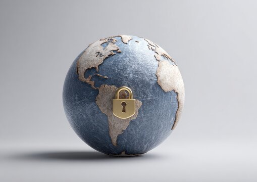 A golden padlock secures a textured globe, symbolizing global safety and protection