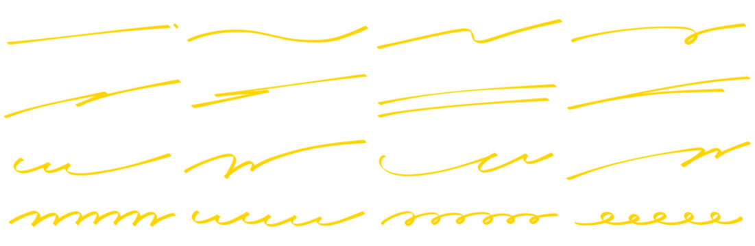 手書きのアンダーライン 黄色の蛍光マーカーで引いたような横長の罫線セット