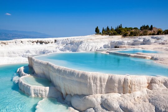 Pamukkale thermal pools natural limestone terraces under clear blue sky
