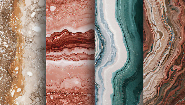 Muestrario de cuatro texturas de m&aacute;rmol fluido con vetas org&aacute;nicas y detalles dorados en tonos tierra, rosa suave, verde azulado y ocre.