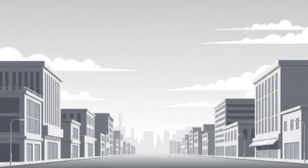 Obraz premium Vector Illustration of a Grey City Street with Buildings and Cloudy Sky in Flat Design Style