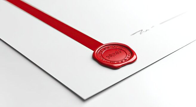 Red wax seal secures document with official ribbon, crisp paper, subtle signature