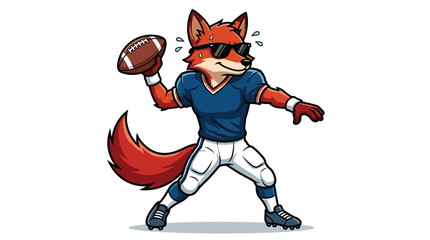 Cool Cartoon Fox American Football Player Quarterback Mascot Throwing Ball in Athletic Pose © Rina