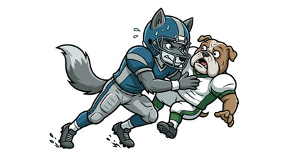 Fototapeta premium Wolf American Football Mascot Tackling a Bulldog Player Action Cartoon Illustration for Sports Teams