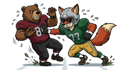 Obraz premium Cartoon Fox and Bear Athletes Competing in Intense American Football Match Action Illustration