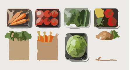 Fototapeta premium Grocery Food in Supermarket Packages with Fresh Vegetables in Realistic 3D Style