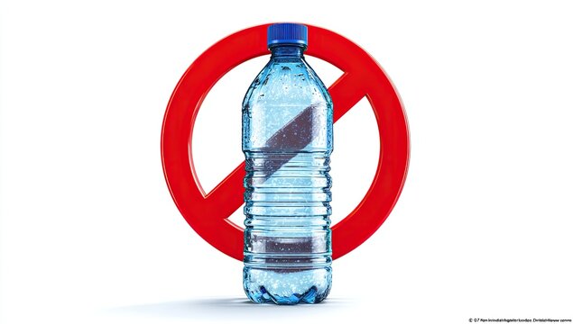 Plastic bottle of water with a red prohibition sign behind it