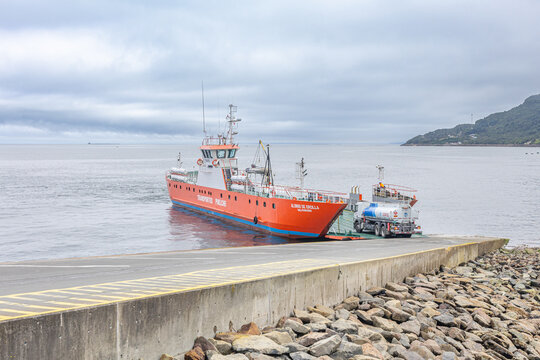 Puerto Montt, Chile - March 20, 2026: Caleta La Arena ferry, receiving motor vehicles for their subsequent transport to Caleta Pueche, on the Carretera Austral, Chilean Patagonia.