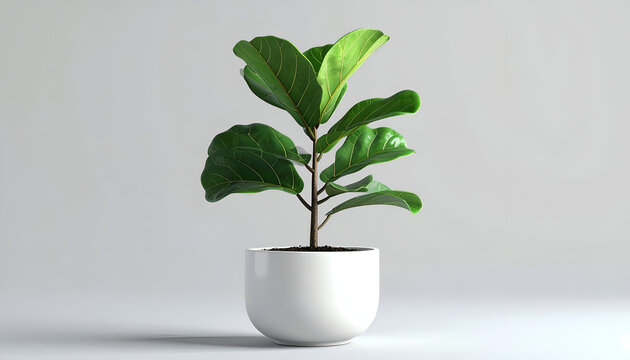 A vibrant fiddle-leaf fig tree flourishes in a minimalist white pot against a neutral backdrop.