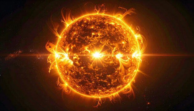 A vibrant and detailed depiction of the sun, showcasing its fiery surface and powerful solar flares against a backdrop of deep space.
