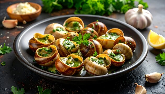 A classic serving of Escargots, a traditional French delicacy prepared with tender snails baked in rich garlic butter and topped with fresh parsley.