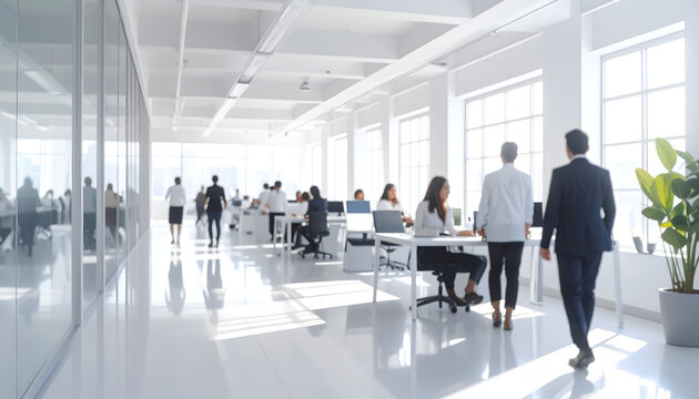 A bright and modern office space showcases a bustling environment with numerous employees working at their desks, bathed in natural light streaming through large windows.