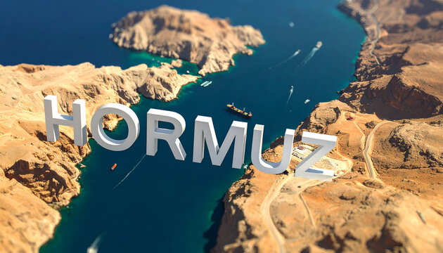 An aerial view showcases the Strait of Hormuz, featuring rocky coastlines, turquoise waters, and several ships navigating the strategic waterway, with the name 'Hormuz' prominently displayed.