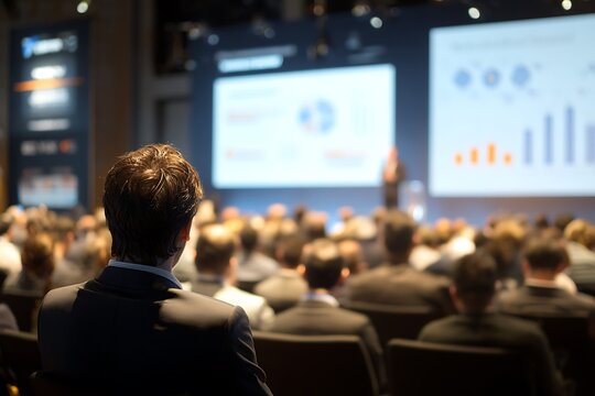 Audience at a business conference watching a presentation with charts and graphs on large screens.