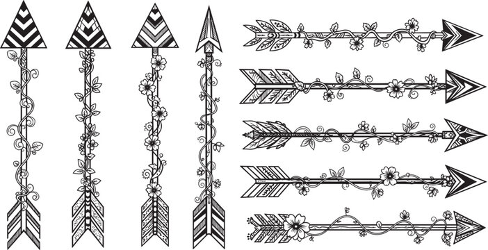 Decorative tribal arrow collection set featuring hand drawn floral vine accents and ethnic geometric patterns in black silhouette flat vector illustration for boho design.