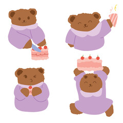 Fototapeta premium Cute Bear Purple Outfit Cake Activity Set Cutting Cake Confetti Running Cartoon Illustration