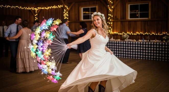 A joyful bride dancing at a wedding reception with a colorful floral bouquet in a rustic barn decorated with string lights.