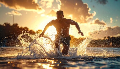 Obraz premium Energetic man running through water at sunset creating a powerful splash.