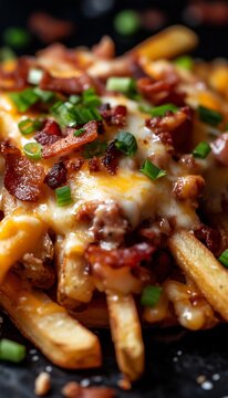 Closeup of delicious loaded french fries with meltedcheese, bacon bits, and gren onions on a dark backgrund