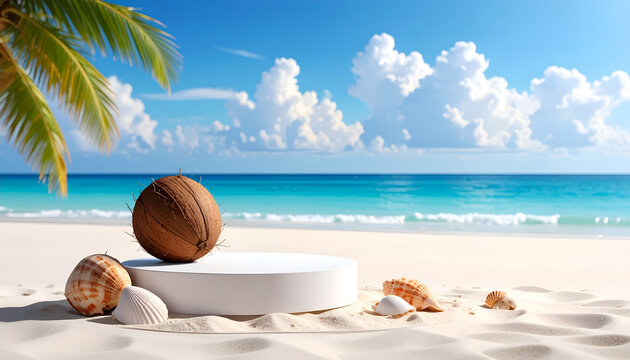 A serene tropical beach scene showcases a white pedestal with a coconut, surrounded by seashells and palm leaves under a vibrant blue sky with fluffy clouds.