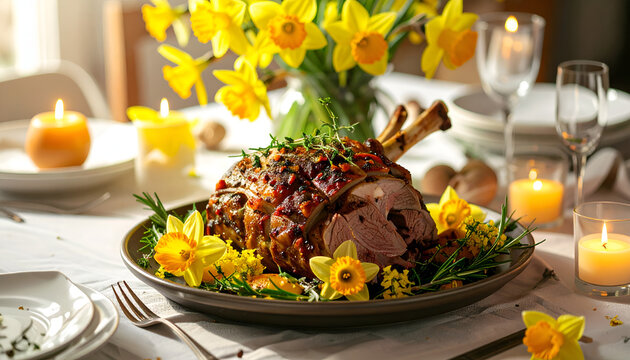 A beautifully presented roasted ham adorned with fresh daffodils and sprigs of thyme sits on a platter surrounded by flickering candlelight,