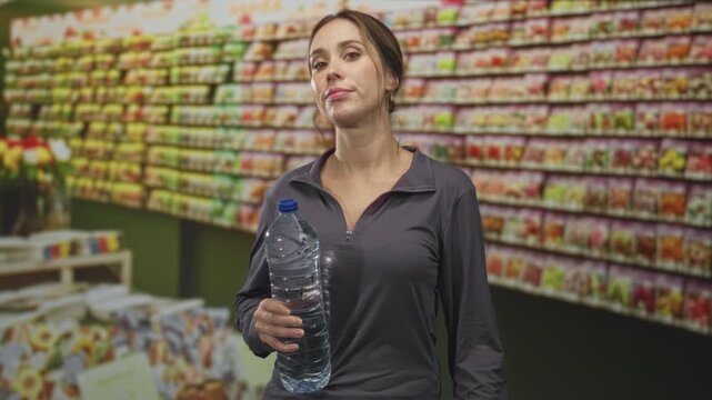 Woman holding a large water bottle and pointing finger at camera while standing before stocked supermarket shelves inside a building; confidence.