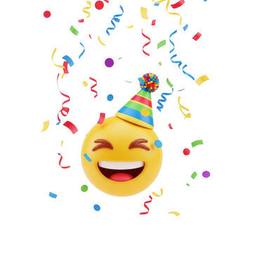 Party emoji with colorful confetti and a party hat isolated on transparent background