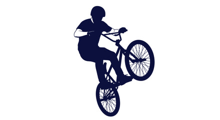 Naklejka premium A silhouette of a person performing a wheelie on a BMX bicycle against a white background.
