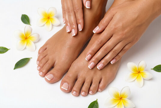 Manicure e pedicure francesinha impec&aacute;vel em m&atilde;os e p&eacute;s de pele bronzeada, decorados com flores tropicais em fundo branco