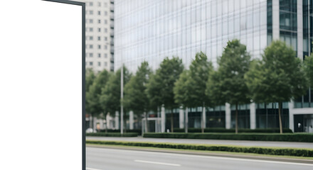 Obraz premium Blank billboard on city street with modern buildings and trees