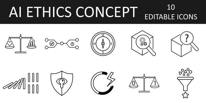 AI ethics concept icon set. Decision making, transparency, algorithm logic, privacy, prioritization, system control. Balance, filter, loop, compass, black box. Clean geometric shapes.
