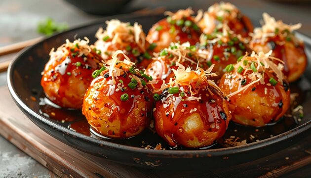 A serving of Takoyaki, a popular Japanese snack made of round batter balls filled with octopus, topped with savory sauce and delicate bonito flakes.