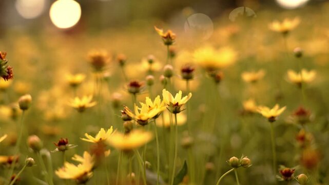 Beautiful field of yellow wildflowers blooming in a meadow at sunset. The warm golden hour light creates a soft bokeh background with a shallow depth of field. Natural outdoor landscape scenery.