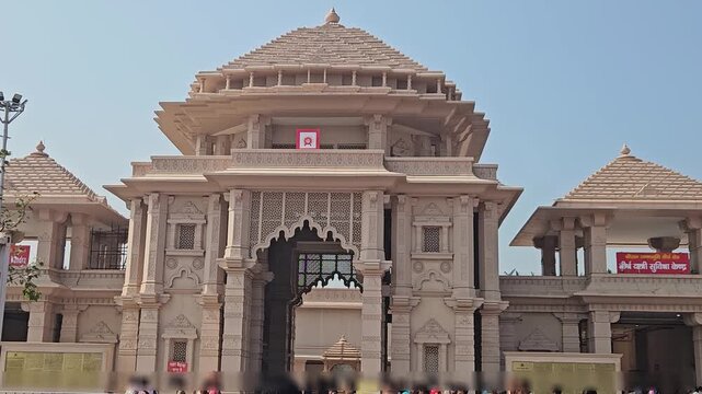 Ayodhya Ram Mandir temple entrance with grand Hindu architecture, sacred shrine of Lord Rama in Ayodhya India.
