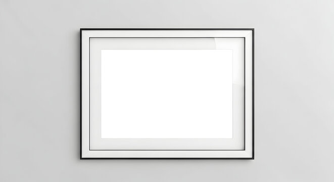 Blank white picture frame on gray wall with matte