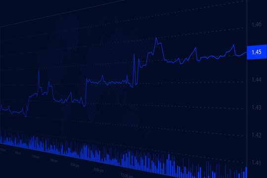 Blue line stock market chart with intraday price fluctuations displayed on navy dark background. Concept for financial analysis, trading platforms, investment reports and cryptocurrency charts.