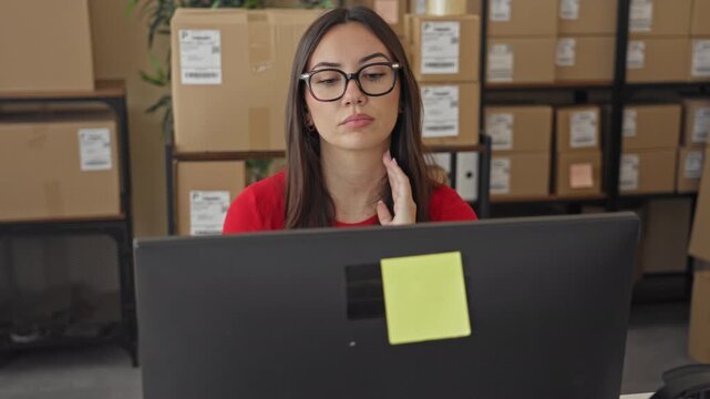 Woman at computer touching neck while glancing aside amid stacked parcel boxes and delivery labels in a storage building; quiet thoughtful.