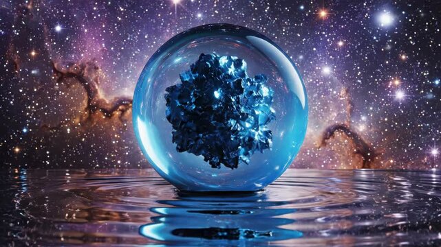 A glowing blue translucent glass orb containing a dark jagged textured core floating on a dark rippled liquid surface against a backdrop of a colorful starry space nebula.
