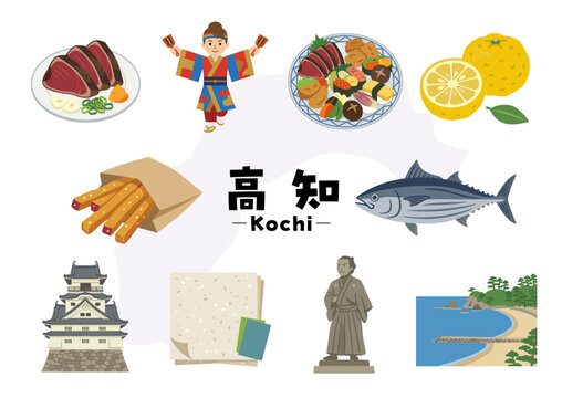 高知県の名物と観光地アイコンセット（カツオのたたき・皿鉢料理・よさこい・ゆず・坂本龍馬・高知城）