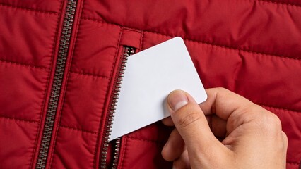 Obraz premium Blank White Card Being Inserted into Red Jacket Pocket Close Up Hand Minimal Flat Lighting Clean Identity Mockup with Zipper Detail