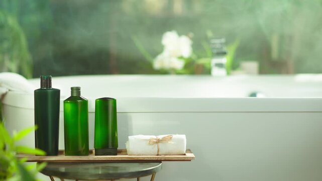 Tranquil spa-like bathroom with a wooden tray on a table, displaying green bath bottles & a white towel. Soft light & greenery by a white bathtub enhance peaceful ambiance, promoting wellness.