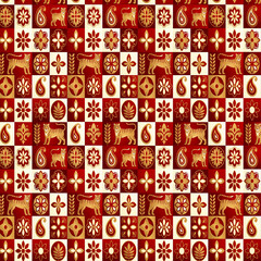 Fototapeta premium Luxury Red and Gold Bengal Tiger Pattern with Elegant Indian Paisley and Traditional Floral Ornamental Tile Design