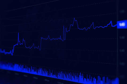 Digital display of a declining financial chart with candlestick patterns and a world map overlay. Abstract background for global economic recession, stock market crash and bear market dynamics.