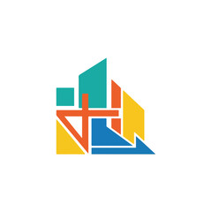 Naklejka premium Colorful geometric shape composed of various rectangles, triangles, and arrow