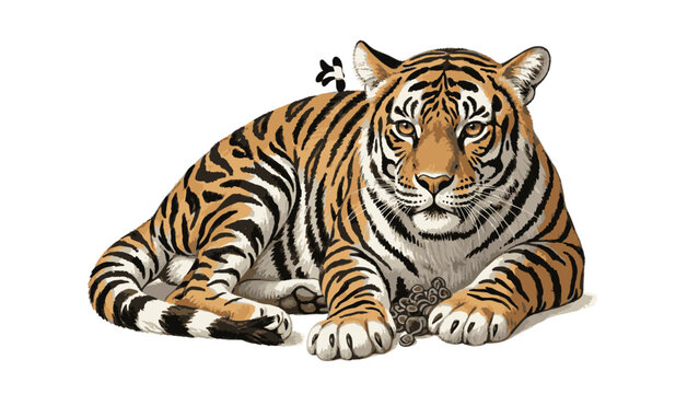 A tiger lying down on a white background, looking directly at the camera with its orange and black stripes visible.