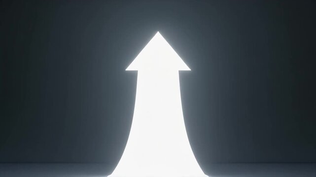 AI-generated cinematic motion graphic of a bright white arrow rising upwards, symbolizing business growth, financial success, and positive market trends.